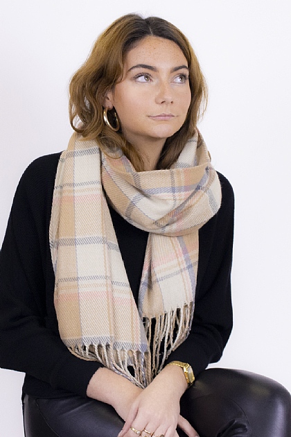 Checked Tartan Blanket Scarf in Beige and Camel