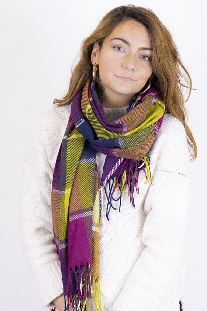 Checked Tartan Blanket Scarf in Fuchsia and Green