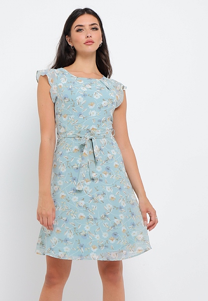 Floral Flutes Sleeves Midi Dress in Light Blue