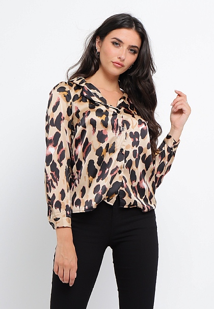 Satin Blouse Shirt in Leopard Print (Available in a Set)