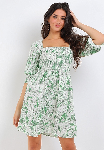 Floral Shirred Mini Dress in White and Green