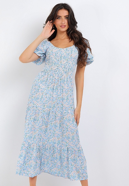 Floral Shirred Maxi Dress in Blue
