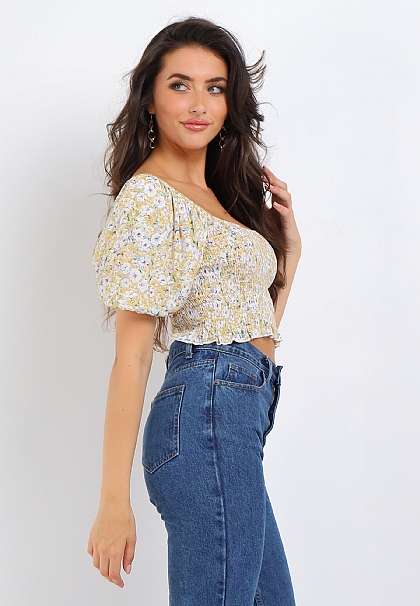 Floral Shirred Crop Top in Yellow