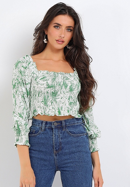 Floral Shirred Crop Top in White and Green