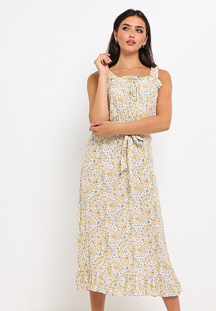 Floral Shirred Strap Midi Dress in Yellow