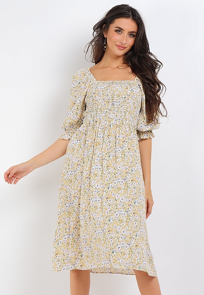 Floral Shirred Midi Dress in Yellow