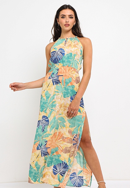 Tropical Printed Halter Neck Maxi Dress in Yellow