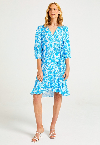 Midi Wrap Dress in Blue Leaf Print