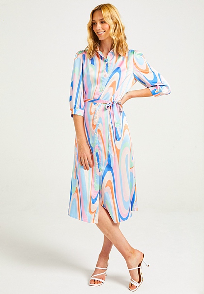 Midi Shirt Dress in Abstract Pastel Print