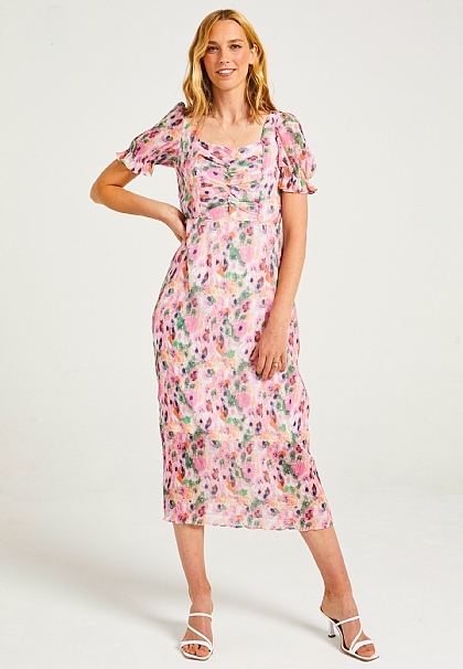 Pink Plisse Midaxi Dress in Abstract Print