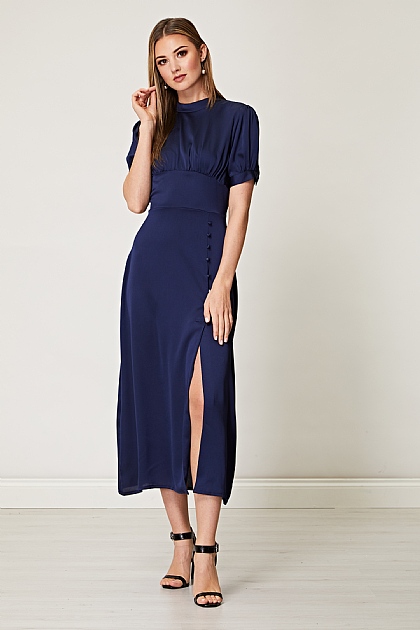 Satin Touch Midi Dress with Short Sleeves in Navy