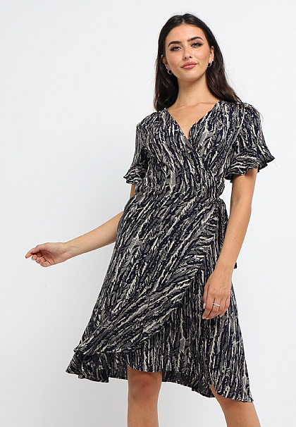 Short Sleeve Midi Wrap Dress in Abstract Navy Print