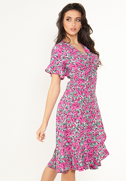 Short Sleeve Wrap Midi Dress in Bloom Floral Fuchsia