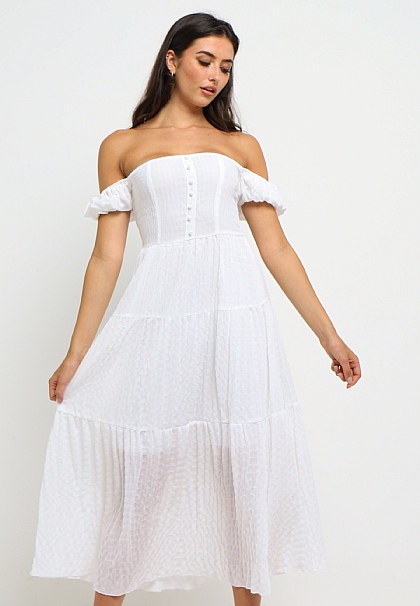 Shirred Maxi Dress in White