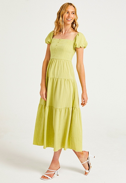 Shirred Maxi Dress in Green Textured Fabric