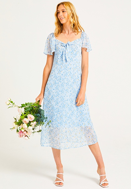 Front Tie Detail Midi Dress in Blue Ditsy Floral