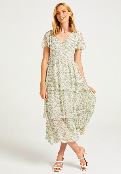 Flutter Sleeves Tiered Midaxi Dress in Ditsy Floral Print