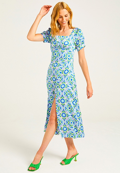 Short Sleeve Midi Tea Dress in Geometic Print